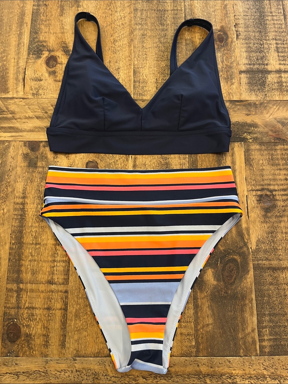 aerie Navy Scoop Bikini Top and Striped High Cut Cheeky Bikini Bottom Swim Set